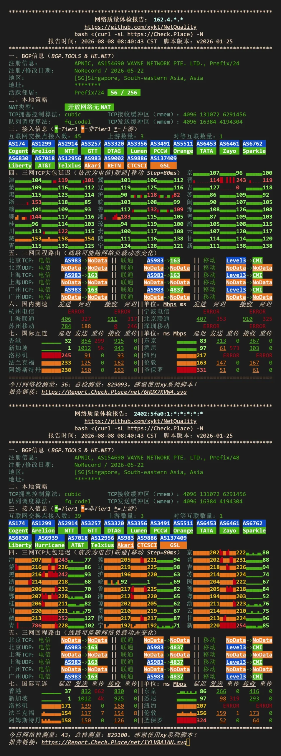荫云新加坡VPS网络质量与国际互连测试