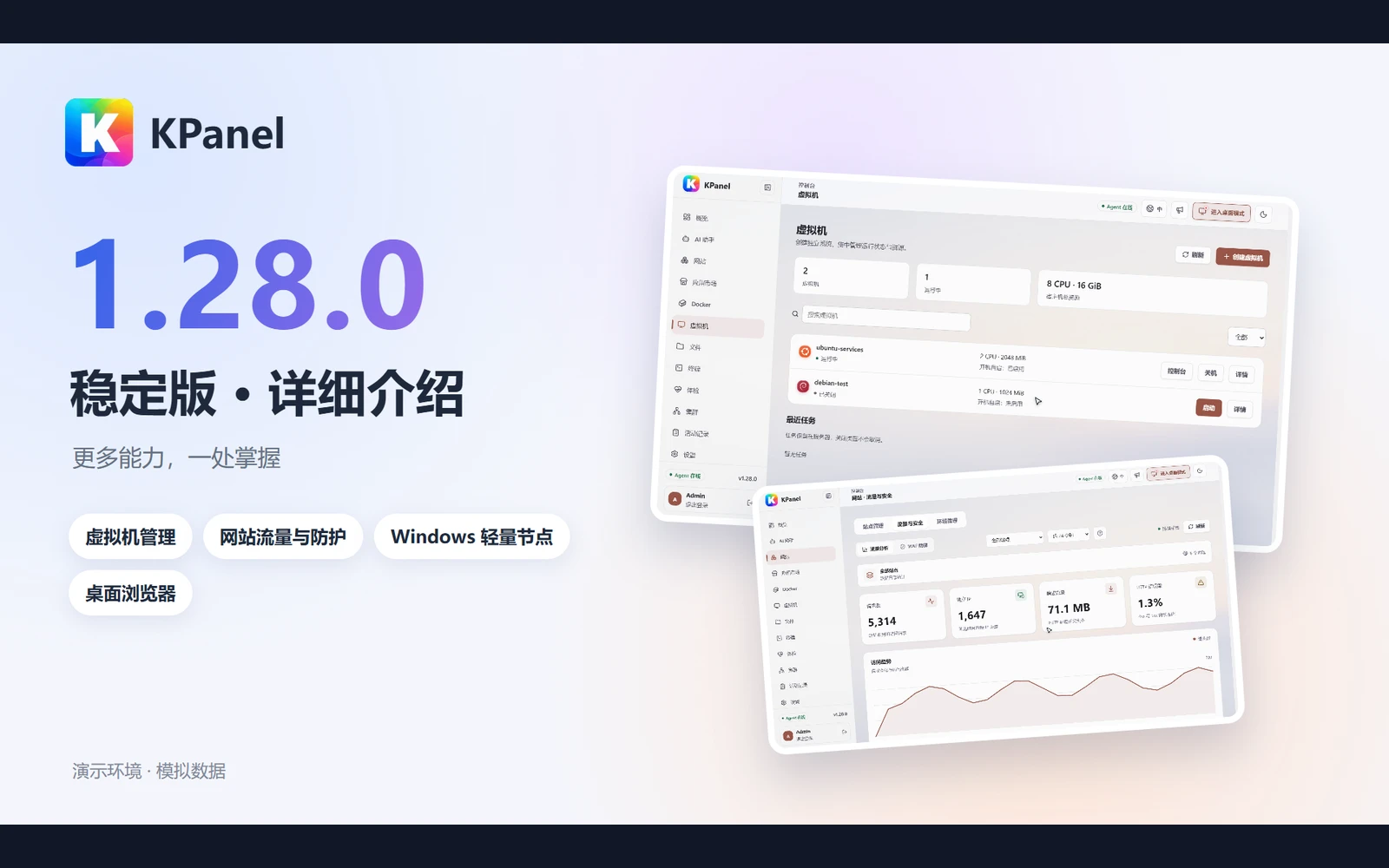 KPanel 1.28.0 稳定版发布：虚拟机、网站防护、Windows 轻量节点与桌面浏览器